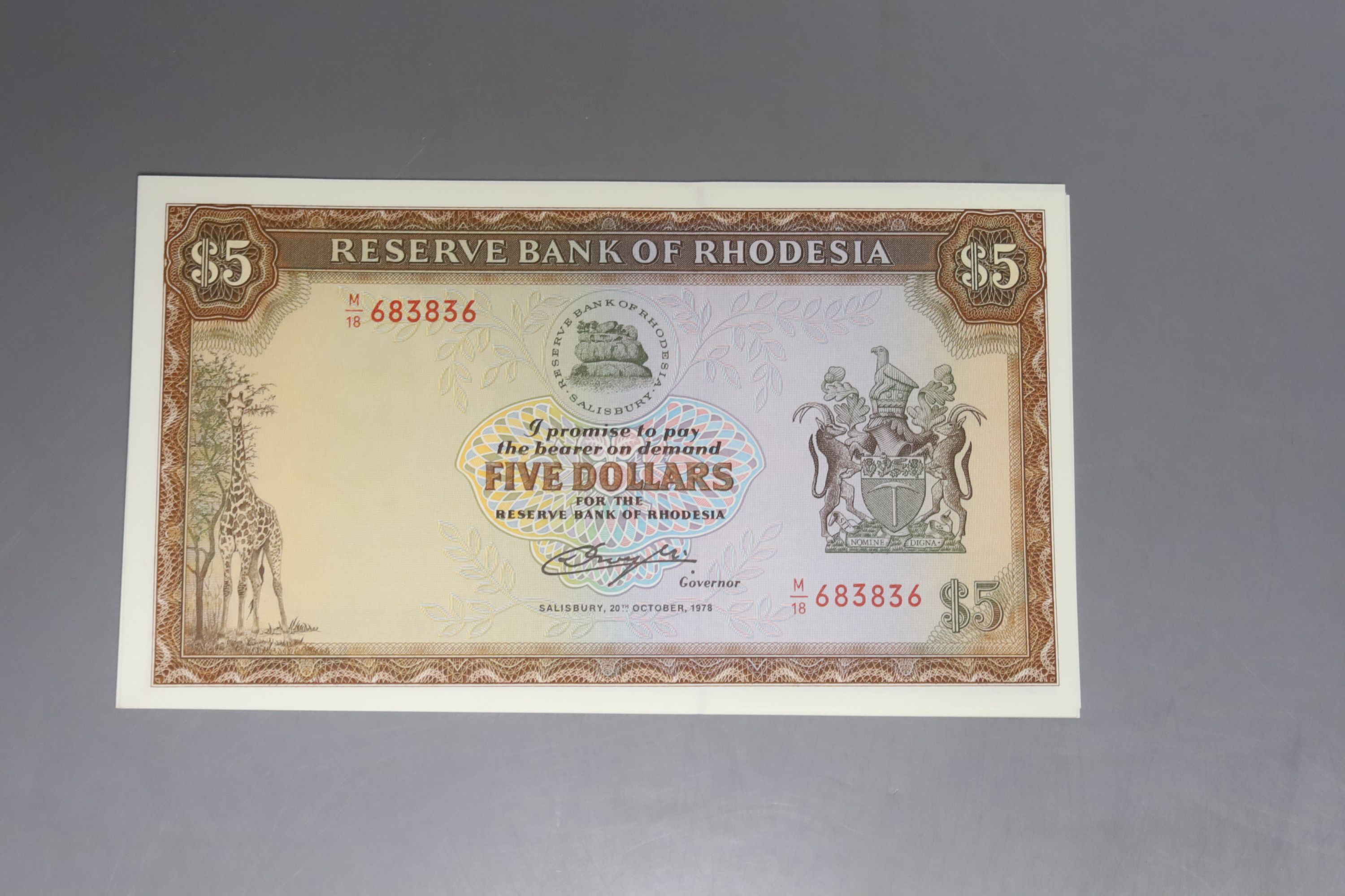 Reserve bank of Rhodesia, ten $5 dollar banknotes, consecutive serial numbers M/18- 20th October 1978 (10) all UNC